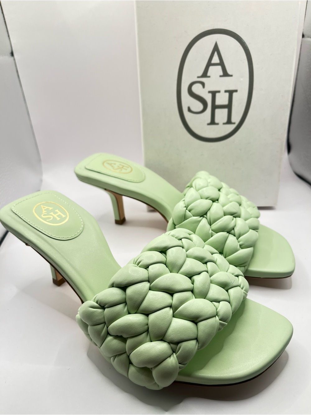 ASH Serena New EU37 US 6.5 Mint Green Braided Leather Heels